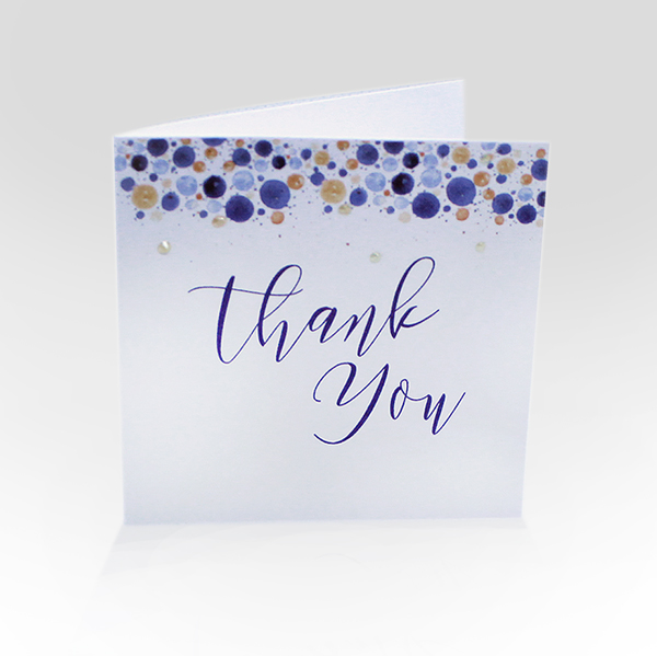 Confetti thank you card in blues and golds with 3D dotted highlights